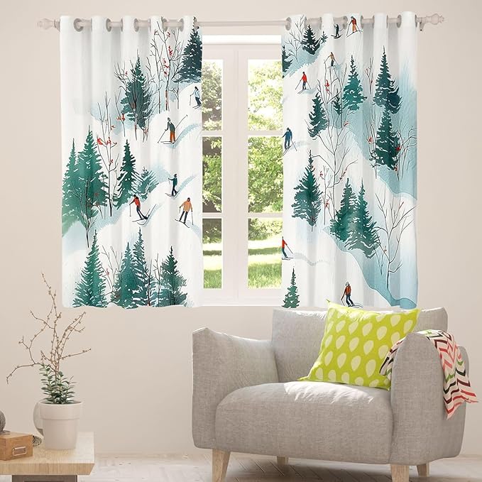 Manfei Skiing Window Drapes,Ski Winter Extreme Sports Game Blackout Curtains,Mountain Snowboarding Pine Tree Natural Nursery Bedroom Playroom Decor,Green White 2 Panels,52Wx63L inch