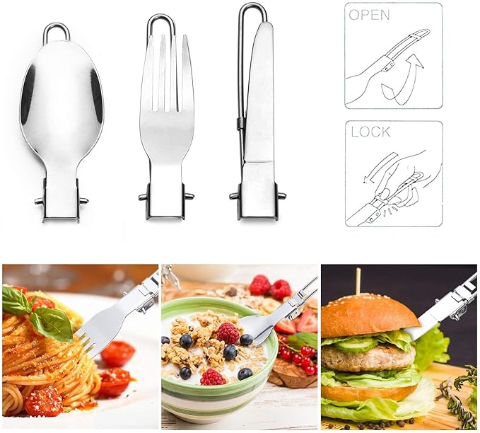 Peidesi Camping Cookware Mess Kit, Portable Camp Stove Pots and Pans Set, Carabiner, Folding Knife, Fork Spoon Kit, Carry Mesh Bag, for Backpacking