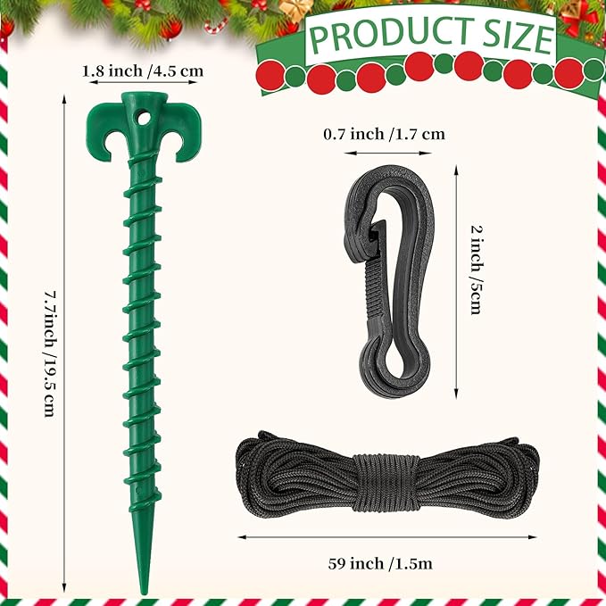 AUGSUN 54 Pieces Plastic Inflatable Stakes Set, Include Tent Stakes, Tethers Ropes and Hooks Heavy Duty Garden Yard Stakes for Christmas Outdoor Decorations Green