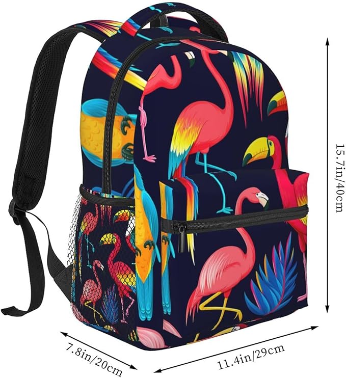 Polyester Daypack Backpack for Climbing Outdoors Running, Big Capacity Multipurpose Anti-Theft Bookbag, Exotic Birds Parrot Flamingo Art Travel Hiking Camping Rucksack