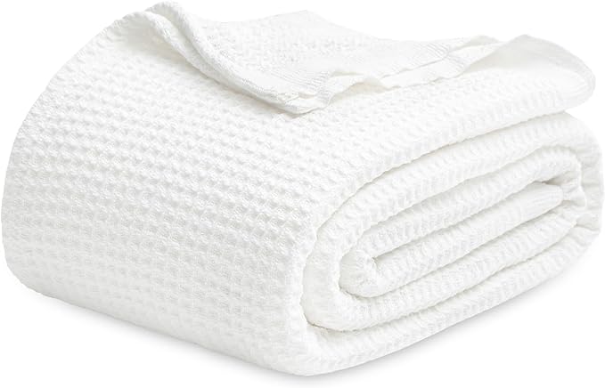 Bedsure 100% Cotton Blankets Queen Size for Bed - Waffle Weave Blankets for All Seasons, Cozy and Soft Woven Blankets, Lightweight Fall Blankets, White, 90x90 Inches