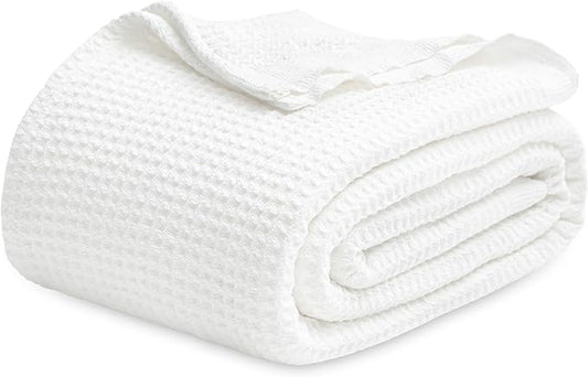 Bedsure 100% Cotton Blankets Queen Size for Bed - Waffle Weave Blankets for All Seasons, Cozy and Soft Woven Blankets, Lightweight Fall Blankets, White, 90x90 Inches