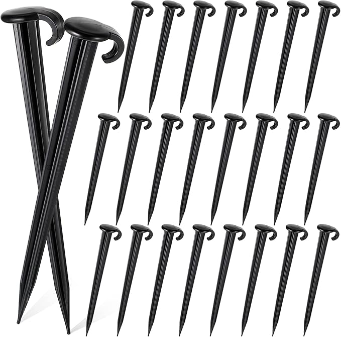 Vicenpal 24 Pcs 7 Inch Plastic Yard Stakes Inflatables Heavy Duty Plastic Garden Stakes for Tent Ground Replacement Outdoor Fence Lawn Pegs Landscape Staples Halloween Christmas Decorations (Black)