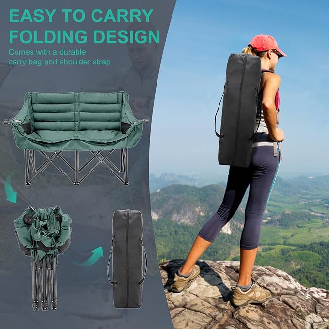 DoCred Double Camping Chair - Oversized Loveseat, 2 Person Camping Chair for Adults Heavy Duty,Two Person Folding Chair with Cup Holder, Supports up to 500 LBS for Outside Picnic Beach Travel