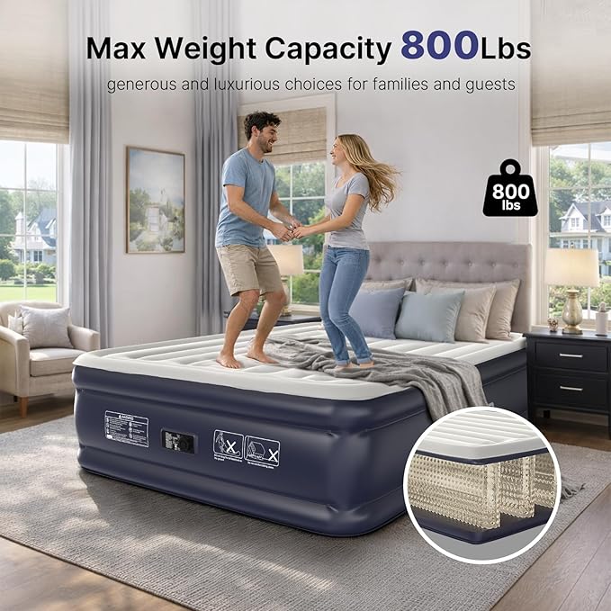 Air Mattress Queen with Built-in Pump, 18" Raised Inflatable Blow Up Mattress,Upgraded Heavy Duty 800lbs Portable Air Bed for Home, Guests,Floor& Camping, Self Inflating Colchon Inflable Queen
