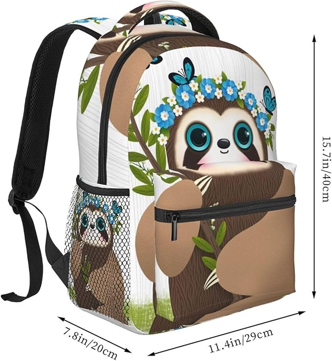 Daypack Backpack Anti-Theft Multipurpose Large Capacity Carry On Bag, Cute Sloth Blue Flowers Art Traveling Camping Backpack With Side Pockets