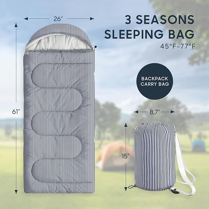 Wake In Cloud - Kids Sleeping Bag for Boys Girls Toddlers, Camping in Warm Cold Weather, Backpacking Lightweight Compact Outdoor Liner for 3 Seasons, Farmhouse Ticking Stripe