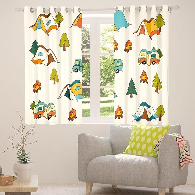 Erosebridal Camper Theme Window Drapes Happy Camping Blackout Curtains 38" Wx54 L Travel Car Rv Curtains for Bedroom Living Room,Camping Tent Campfire Forest Window Treatments 2 Panels