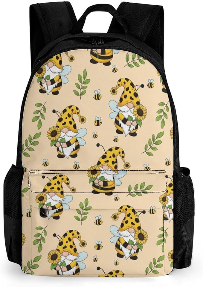 Supdreamc Lightweight Backpack for Gym Travel Bicycle, Big Capacity Multipurpose Anti-Theft Carry On Bag, Gnomes Bees And Sunflowers Art Travel Hiking Bag Day Pack