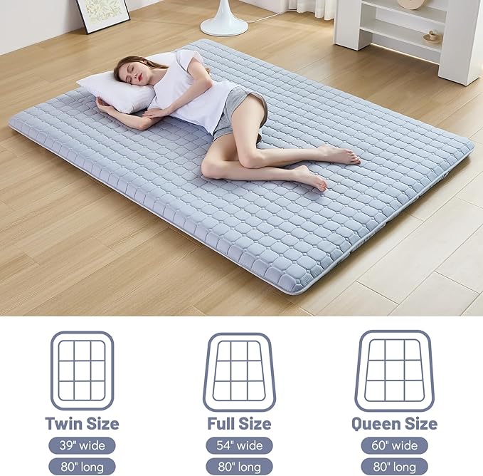 Japanese Floor Mattress Full, Anti-Slip Japanese Futon Roll Up Tatami Mat for Guests, Grey