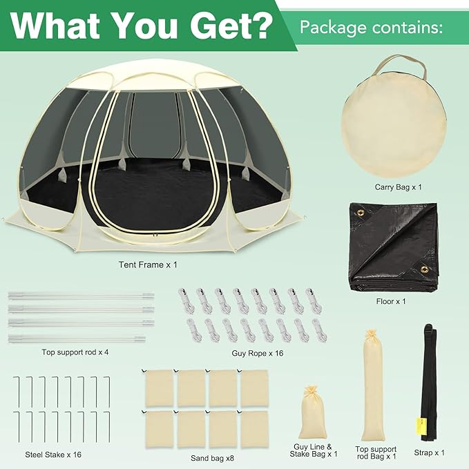 12x12Ft Pop-Up Canopy Screen House Tent - Outdoor Screen Room with 10 Mesh Side Panels Not Waterproof, Includes Carrying Bag - Fit 8-10 Person