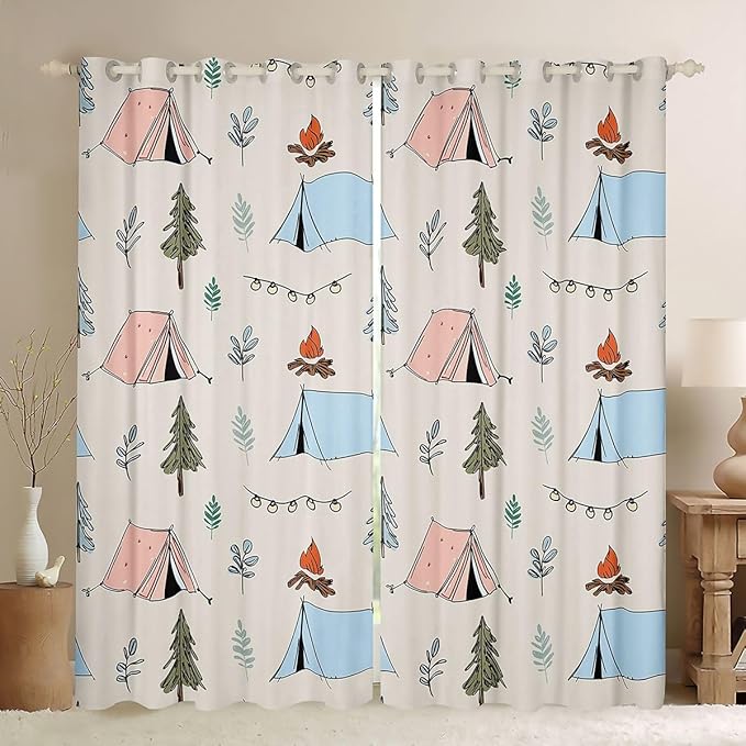 Feelyou Cute Beige Camping Camper Curtains for Bedroom Living Room Campfire Tent Blackout Shades Happy Camping Room Darkening Curtain Window Treatments, 2 Panels 38 x 54 Inch Decor