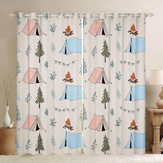 Feelyou Cute Beige Camping Camper Curtains for Bedroom Living Room Campfire Tent Blackout Shades Happy Camping Room Darkening Curtain Window Treatments, 2 Panels 52 x 84 Inch Decor