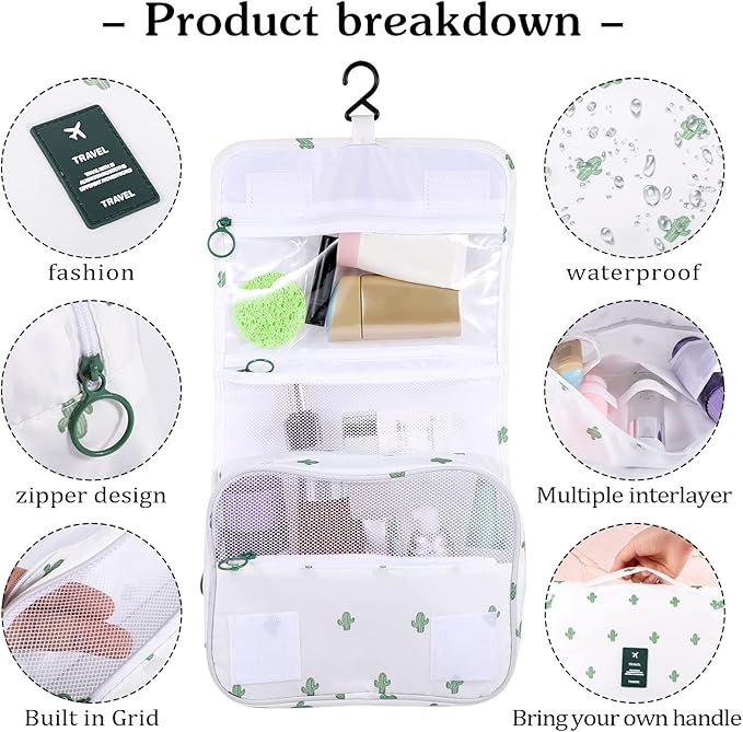 Pengxiaomei Toiletry Bag for Women, Waterproof Hanging Cosmetic Bag Portable Travel Makeup Pouch Multifunction Handle Bathroom Bag for Mothers Day Gifts (Cactus White)