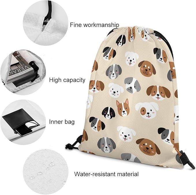 Swim Drawstring Bag Waterproof Sports Backpack for Beach Gym Training Gear Storage Lightweight Unisex Sackpack, American Pit Bull Terrier Dog Heads Art Bags