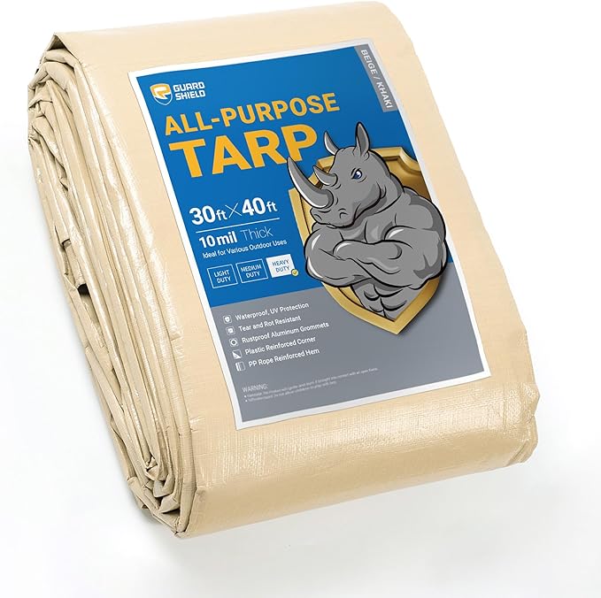 GUARD SHIELD Beige Tarp Heavy Duty Waterproof 30x40 Feet Outdoor Poly Tarps Cover Thick UV Resistant Canopy Tarpaulin with Grommets 10mil