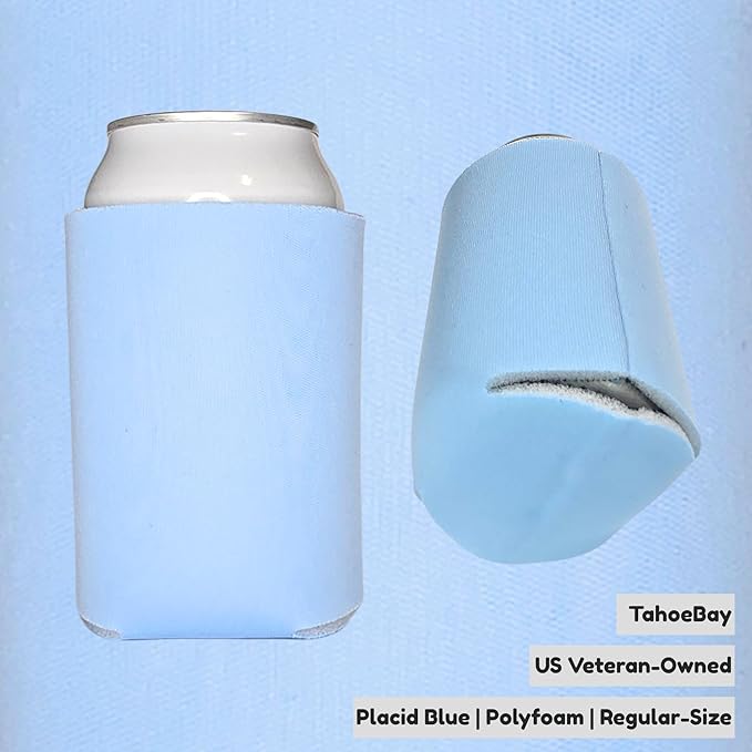TahoeBay Blank Beer Can Cooler Sleeves (25-Pack) Bulk Sublimation Blanks for Vinyl Plain Soft Foam Can Sleeves Coolers for Soda Cans & Bottles Black, White, Assorted Solid Color (Placid Blue)
