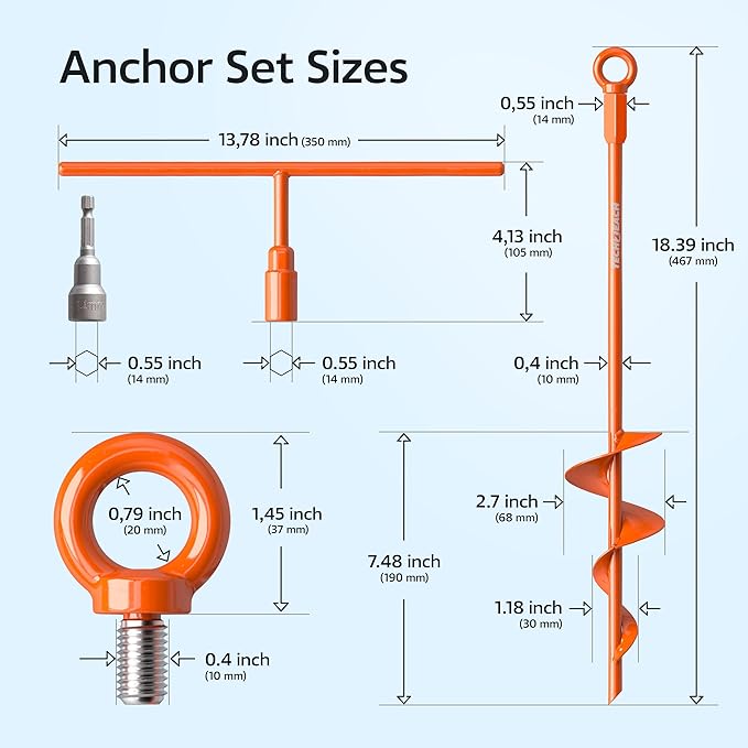 18" Heavy Duty Ground Anchors Kit (Orange 4 Pcs) - Shed Tree Tent Dog Canopy Trampoline Anchor Kit - Long Spiral Earth Auger - Tie Down Screw in Swing Set Anchors - to Ground Stakes - Sand Anchor Kit