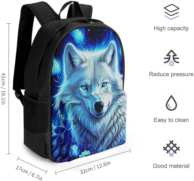 Men Women Polyester White Galaxy Wolf With Blue Rose Daypack Backpack Large Capacity Carry On Bag With Smooth Zippers for Hiking Picnic Walking Cycling