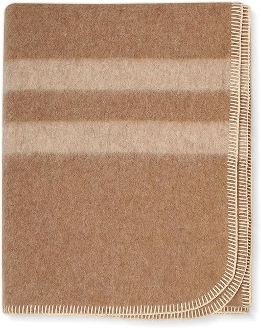 Thick Alpaca Wool Blanket Heavyweight for Camping or Indoors | Soft Peruvian Alpaca Wool Blankets (Desert Sand - Beige Stripes, Travel Size)