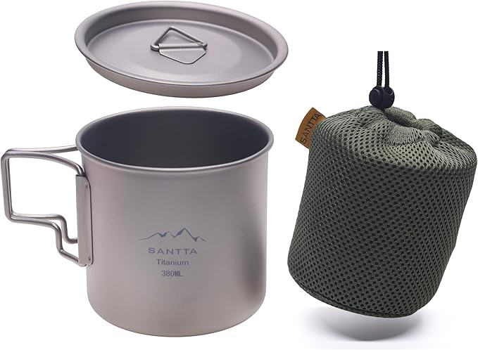 SANTTA Titanium Mug | 12 OZ Leightweight Drinking Cup with Foldable Handle 380mL
