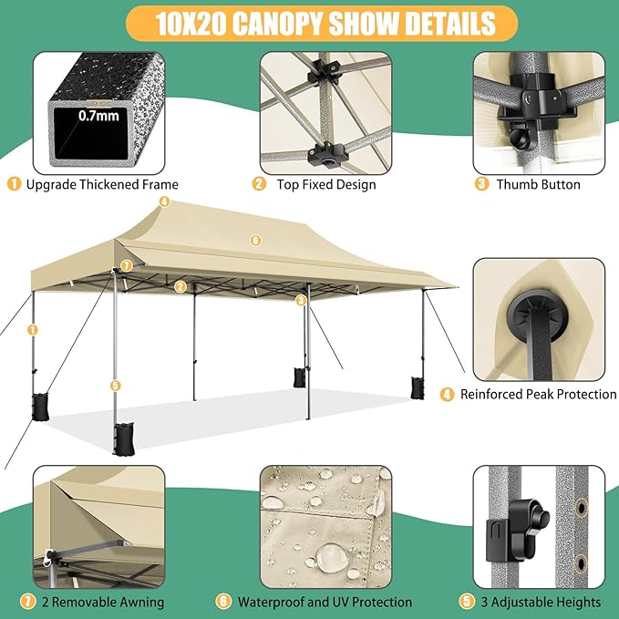 COBIZI 10x20 Pop Up Canopy Tent with Awning,Heavy Duty Canopy UPF 50+ All Season Wind Waterproof Commercial Outdoor Street Vendors Party Tents for Parties Canopy with Roller Bag(10 x 20 ft Khaki)