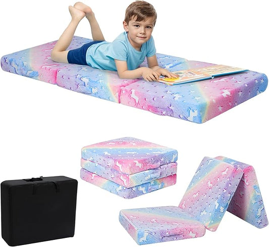MeMoreCool Foldable Floor Cushion for Kids, Glow Star Trifold Play Mat, Portable Floor Lounger Seat Pad, 57x22 Inch Colorful