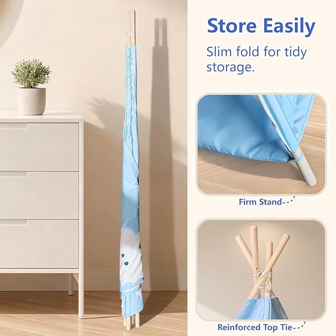 Pony Teepee Tent for Kids and Pets Blue Cloud Play Tent with Mat & Windows, Foldable Indoor Toddler Tent for Boys & Girls, Cute Pony Playhouse for Kids and Cat Cozy Hideout for Reading and Cat House
