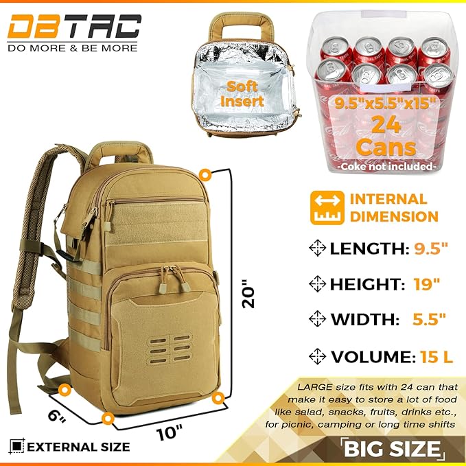 DBTAC Tactical Lunch Backpack, Large Lunch Cooler for Men Women | Backpack Coolers insulated for Work Picnic Travel (Brown, 24-Cans)