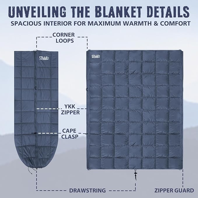 3M Thinsulate Insulation Puffy Camping Blanket for Cold Weather, Queen Size Warm Camping Quilt with Zipper, Waterproof Outdoor Sleeping Bag for Hammock, Cozy & Versatile Gift for Men and Women