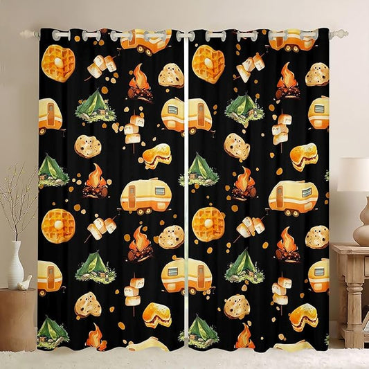 Cartoon Camper Blackout Curtains,Tent Bonfire Campfire Rustic Farmhouse Boys Girls Room Decor,Picnic RV Nature Camping Window Drapes,Black 2 Panels,52Wx96L inch