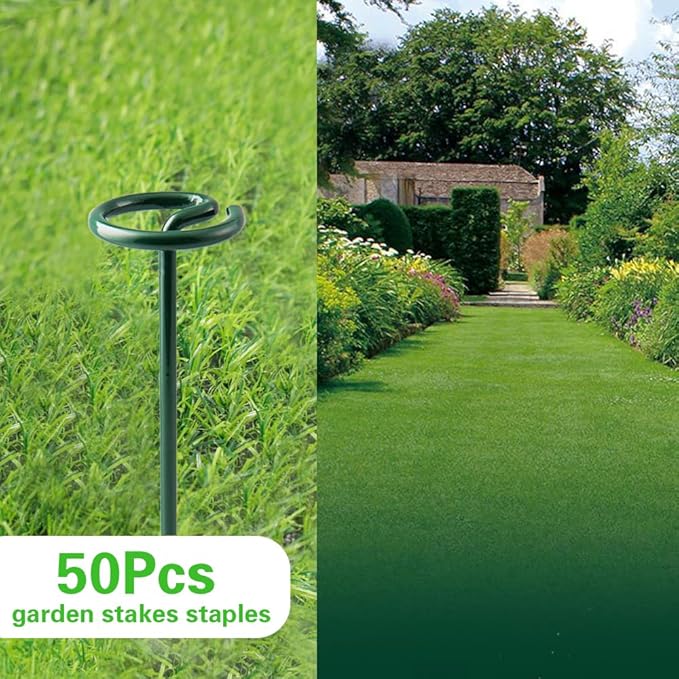 Bakulyor 50Pcs Circle Top Landscape Staples, 6 Inch Green Artificial Turf Stakes, 9 Gauge Landscape Fabric Pins, Heavy Duty Yard Lawn Spikes for Outdoor Soil Gardening Weed Barrier Sod Fabric - 6"