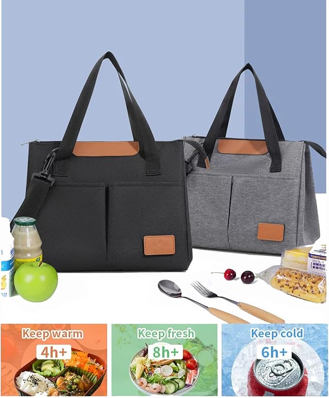 Lunch Bag Women Insulated Lunch Box Reusable Leakproof Large Spacious Cooler Tote for Women Men Adult with Removable Adhesive Decoration for Work Office Travel Picnic