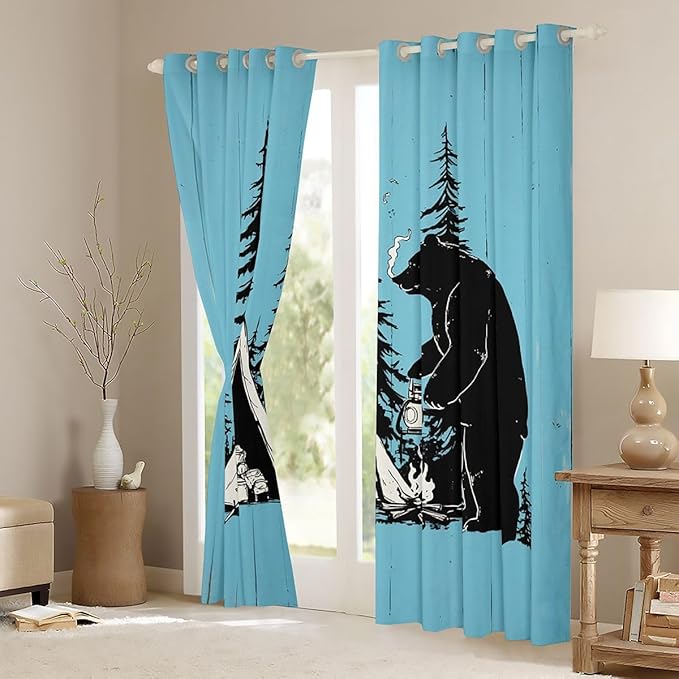 Feelyou Camper Theme Curtains for Bedroom Living Room Cute Tent Bear Blackout Darkening Drapes Camping Decor Window Treatments, 2 Panels 38 x 54 Inch Room Decor