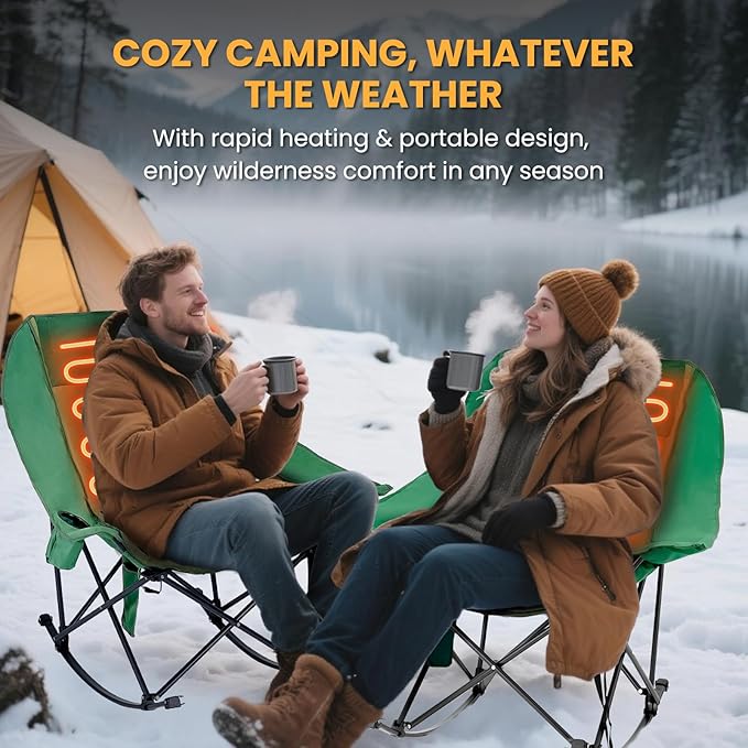 Begonia.K Oversized Heated Rocking Camping Chair - 400lbs Capacity Padded Camping Recliner w/ 3 Levels Back Seat Heat - Folding Lawn Chair with Side Pockets for Camp Patio Backyard