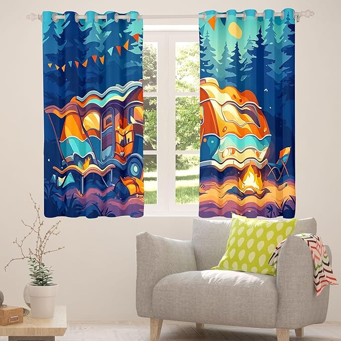 Feelyou Happy Camping Blackout Curtains Travel Car Rv Darkening Drapes for Bedroom Living Room Decor Camper Theme Thermal Insulated Shades Window Treatments, 2 Panels 52 x 84 Inch