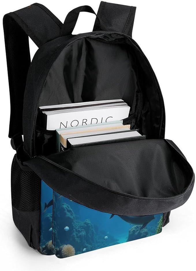 Supdreamc Polyester Daypack Backpack for Trekking Picnic Walking Cycling, Large Capacity Anti-Theft Multipurpose Shoulder Bag, Blue Sea Great Ocean Wave Jumping Dolphin Casual Daypack