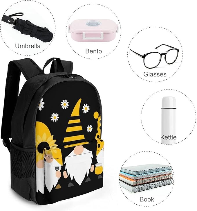 Men Women Lightweight Sunflower Bee Cute Cartoon Gnome Black Backpack Large Capacity Bookbag With Smooth Zippers for Gym Business Running
