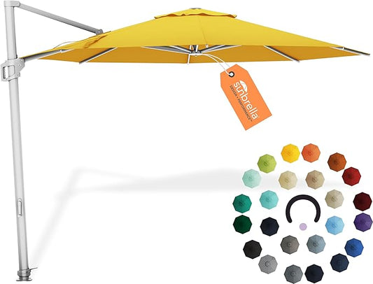 Midtown Umbrellas The Grande Round 10 FT Outdoor Cantilever Patio Umbrella w/Sunbrella Yellow Acrylic Fabric - 8 Rib Aluminum Frame Offset w/Tilt And 360° Rotate Pedal System - Silver Frame