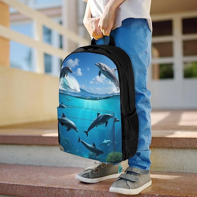 Supdreamc Polyester Daypack Backpack for Trekking Picnic Walking Cycling, Large Capacity Anti-Theft Multipurpose Shoulder Bag, Blue Sea Great Ocean Wave Jumping Dolphin Casual Daypack