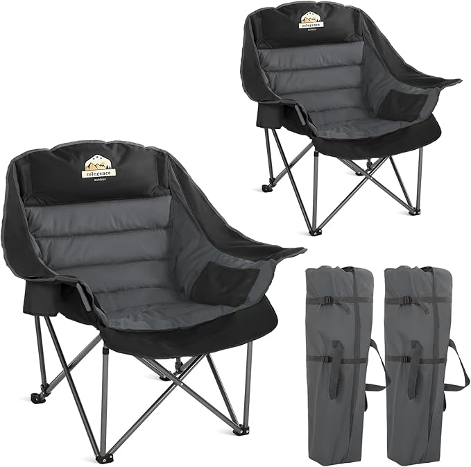 Oversized XL Padded Camping Chair Set of 2 Wide Heavy Duty Lawn Chairs Support 450 LBS Portable Folding Gaint Camp Chair for Outdoor Outside Sports Baseball Soccer-Black and Grey