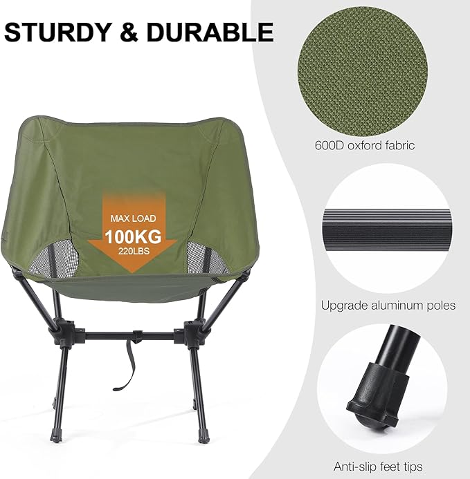 Folding Portable Camping Chair, Lightweight Foldable Outdoor Chair for Sports, Backpacking Beach Chair for Adults, Green