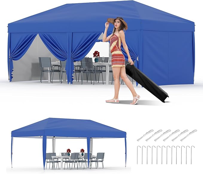 10x20 Pop Up Canopy Tent Outdoor Canopy with 6 Removable Sidewalls One-Person Set Up Heavy Duty Commercial Instant Tent Shelter-Blue