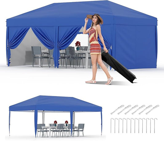 10x20 Pop Up Canopy Tent Outdoor Canopy with 6 Removable Sidewalls One-Person Set Up Heavy Duty Commercial Instant Tent Shelter-Blue