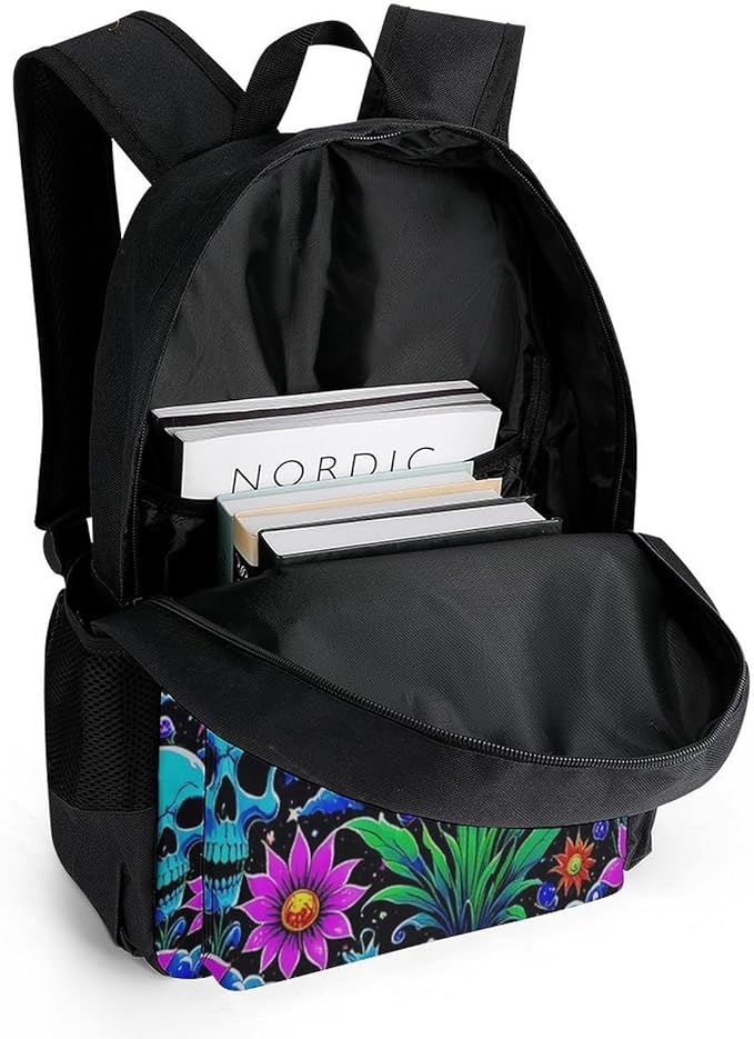 Supdreamc Men Women Polyester Psychedelic Skull Sun And Moon Neon Art Casual Daypack Large Capacity Carry On Bag With Adjustable Shoulder Straps for Camping Work Running