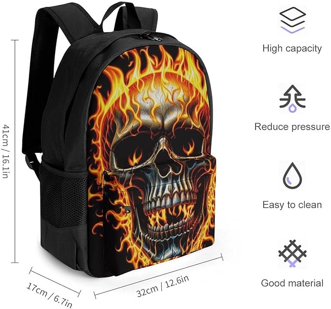 Backpack Polyester Anti-Theft Multipurpose Flaming Fire Skull Bookbag Large Capacity Laptop Book Bag Rucksack With Side Pockets