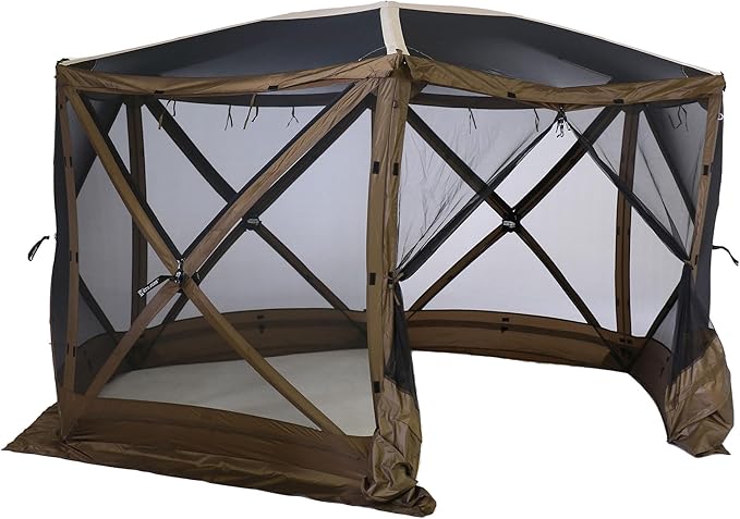 CLAM Quick-Set Escape Sky Camper 11.5’ x 11.5’ Pop-Up Outdoor Gazebo Instant Screen Tent 6-Sided Canopy Shelter w/Ground Stakes & Carry Bag, Brown