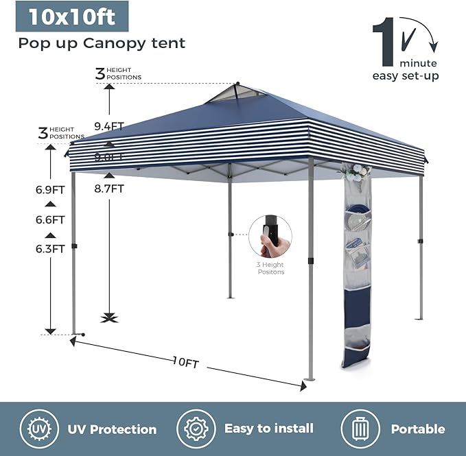 GREEN PARTY 10x10 ft Pop Up Canopy Tent, 1-Person Setup Instant Outdoor Canopy with Vented Top, Wheeled Carry Bag, 4 Ropes & 4 Sandbag -Blue & White Stripes