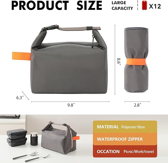 Lunch Bag for Women & Men Fresh Keep Lunch Box, Small Leakproof Cooler Bag Food Lunch Containers High Capacity Reusable Lunch Tote Bags for Work, Office, Picnic, Travel (Grey)