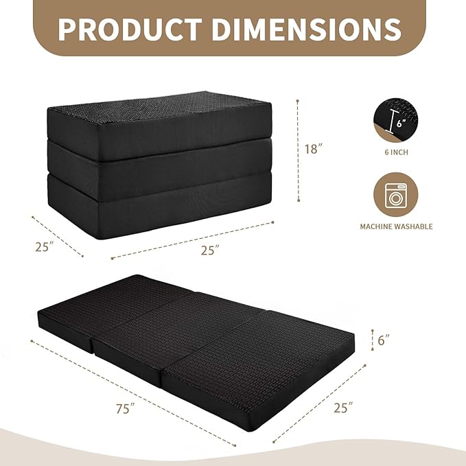 CYMULA Folding Mattress Single Size,6 inch Memory Foam Tri-Fold Single Floor Mattress Topper with Breathable & Washable Cover,Thick Foldable Mat for Camping,Naps and Guests，Black(25"×75"×6")
